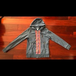 Lucky Brand Boho Embroidery Blue Hoodie Sweatshirt Zip-up Jacket Sz L Large